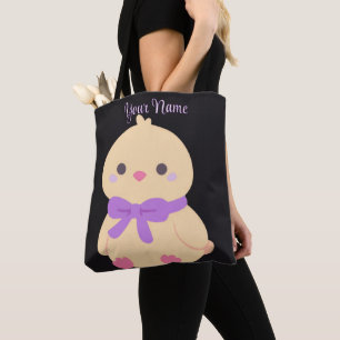 Paarse strik kip Cute Kawaii zwarte boodschappenta Tote Bag