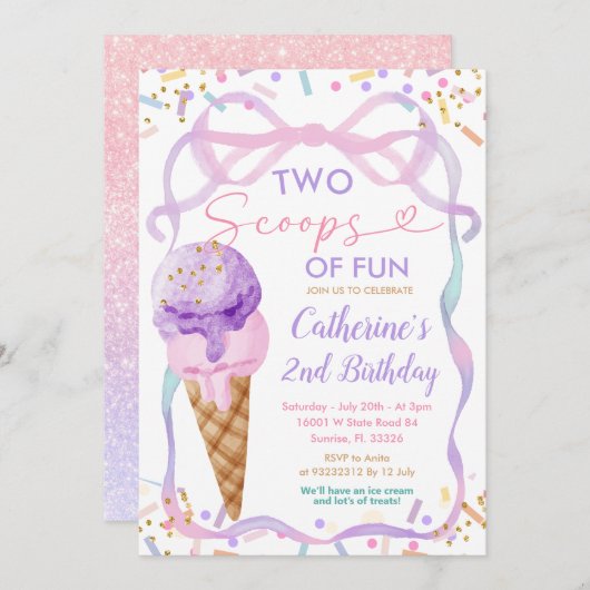 Paarse strik twee schepjes van leuke verjaardagsij kaart (Voorkant / Achterkant)