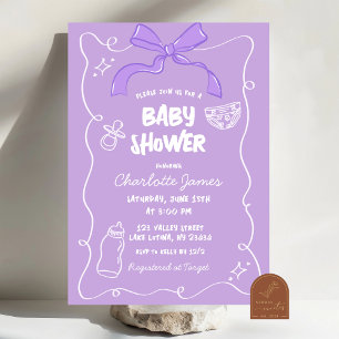 Paarse Strik Vreemde Geïllustreerde Baby Shower Kaart