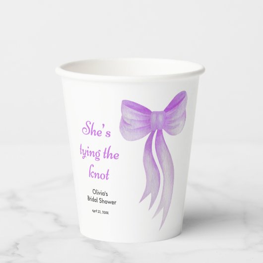 Paarse strik zij knoopt de knoop bruidsfeest papieren bekers (Voorkant)