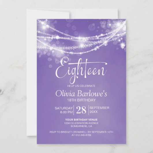 Paarse String Lights 18e Verjaardagsfeest Kaart (Voorkant)