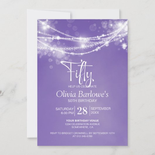 Paarse String Lights 50ste Verjaardagsfeest Kaart (Voorkant)