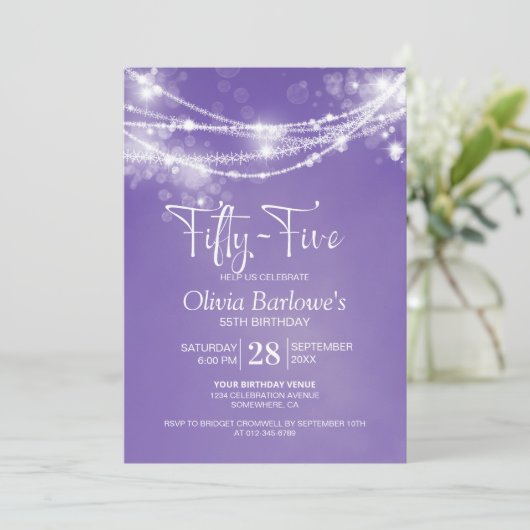 Paarse String Lights 55e Verjaardagsfeest Kaart (Staand voorkant)