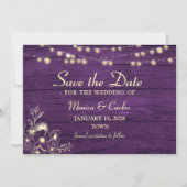 Paarse String Lights Barn Wood Save The Date (Voorkant)