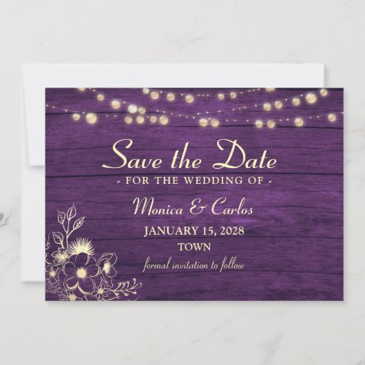 Paarse String Lights Barn Wood Save The Date (Voorkant)