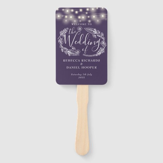 Paarse String Lights Floral bruiloft programma Handwaaier (Voorkant)