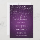 Paarse String Lights QR-code Sla de datum op Save The Date (Voorkant)