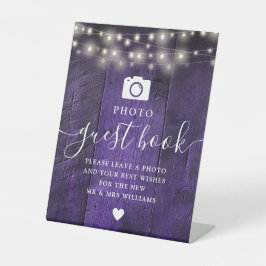 Paarse String Lights Rustic Wood Foto Gastboek Reclamebord Met Voetstuk