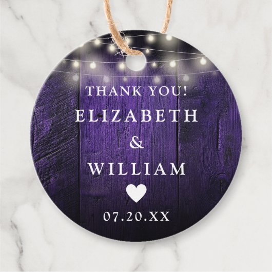 Paarse String Lights Rustiek Hout Boho Schuur Huwe Bedankjes Labels (Voorkant)