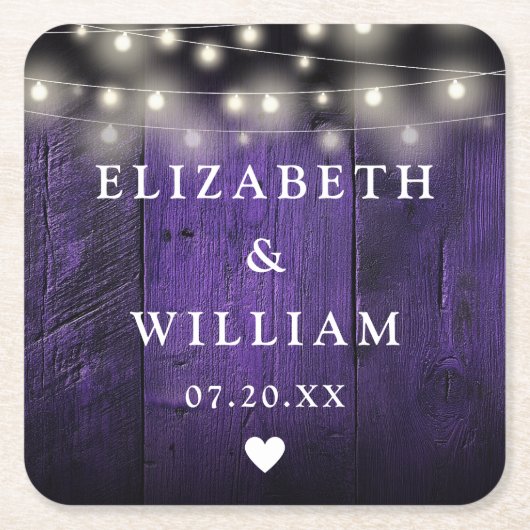 Paarse String Lights Rustiek Hout Boho Schuur Huwe Kartonnen Onderzetters (Voorkant)