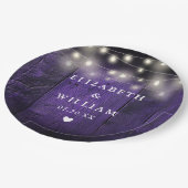 Paarse String Lights Rustiek Hout Boho Schuur Huwe Papieren Bordje (Gekanteld)