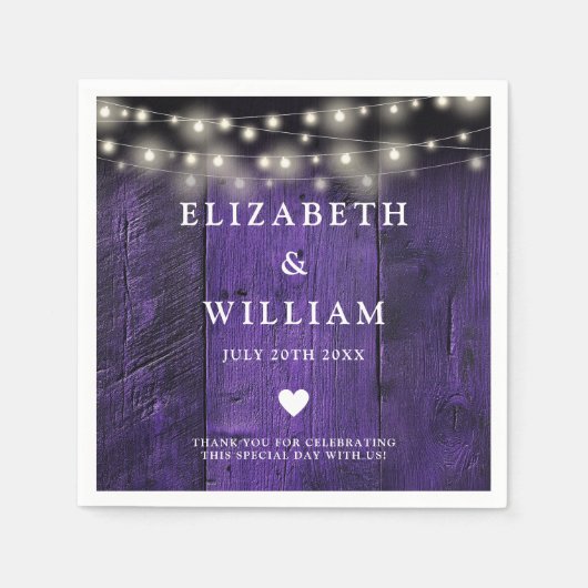 Paarse String Lights Rustiek Hout Boho Schuur Huwe Servet (Voorkant)