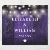 Paarse String Lights Rustiek Hout Boho Schuur Huwe Sparkling Wijnetiket (Enkel label)