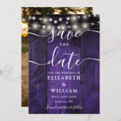 Paarse String Lights Rustiek Hout Foto bruiloft Save The Date (Voorkant / Achterkant)