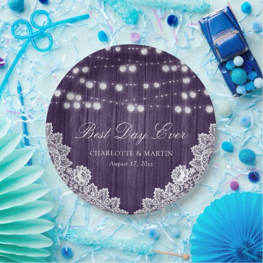 Paarse String Lights Rustiek Hout Lace Wedding Papieren Bordje (Feest)