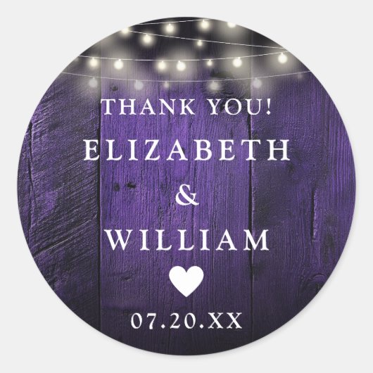 Paarse String Lights Rustiek Hout Wedding Favoriet Ronde Sticker (Voorkant)