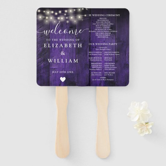Paarse String Lights Rustiek Hout Wedding Programm Handwaaier (Voorkant en achterkant)