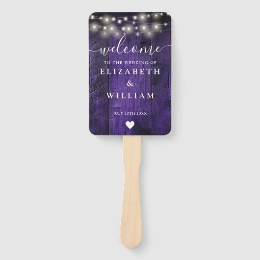 Paarse String Lights Rustiek Hout Wedding Programm Handwaaier (Voorkant)