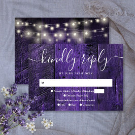 Paarse String Lights Rustiek Hout Westerne bruilof RSVP Kaartje