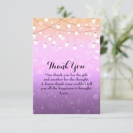 Paarse String Lights Sparkle Glam Dank u kaarten (Staand voorkant)