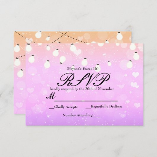 Paarse String Lights Sparkle Party RSVP-kaart RSVP Kaartje (Voorkant / Achterkant)