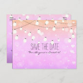 Paarse String Lights Sparkle Save Date Briefkaart (Voorkant / Achterkant)