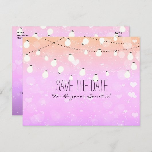 Paarse String Lights Sparkle Save Date Briefkaart (Voorkant / Achterkant)