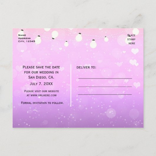 Paarse String Lights Sparkle Save Date Briefkaart (Achterkant)