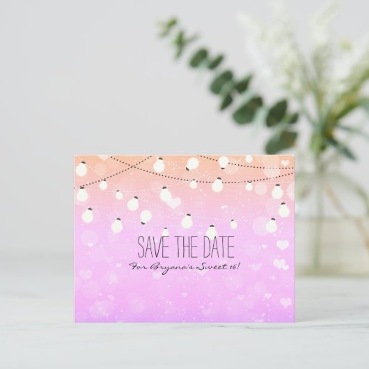 Paarse String Lights Sparkle Save Date Briefkaart (Staand voorkant)
