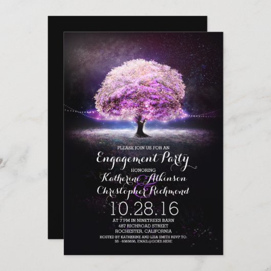 paarse String Lights Tree Engagement Party Uitnodi Kaart (Voorkant / Achterkant)