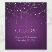 Paarse String Lights Wedding Names Date Cheers Wijn Etiket (Enkel label)