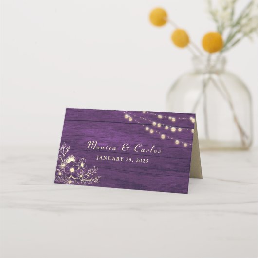 Paarse String Lights Wedding Place Card Plaatskaartje (Achterkant)