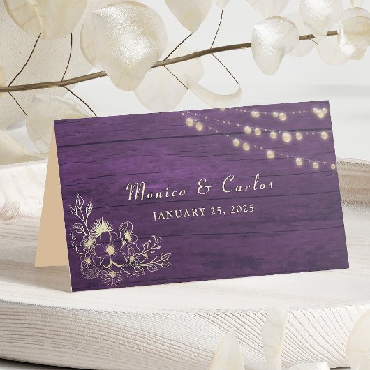Paarse String Lights Wedding Place Card Plaatskaartje