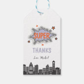 Paarse stripboek superheld verjaardag cadeaulabel (Voorkant)