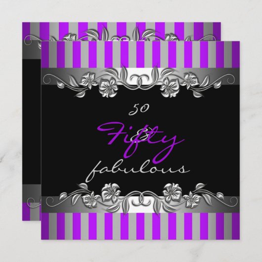 Paarse Stripe 50 en Fabulous 50th Birthday Party Kaart (Voorkant / Achterkant)