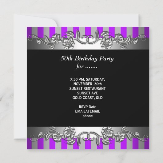 Paarse Stripe 50 en Fabulous 50th Birthday Party Kaart (Achterkant)