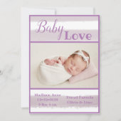 Paarse Stripe Baby-liefdesscript geboorte Aankondiging (Voorkant)