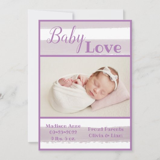 Paarse Stripe Baby-liefdesscript geboorte Aankondiging (Voorkant)