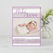 Paarse Stripe Baby-liefdesscript geboorte Aankondiging (Staand voorkant)