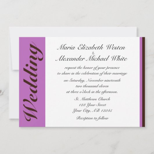 Paarse stripe Chocolate Brown Wedding Invitation Kaart (Voorkant)