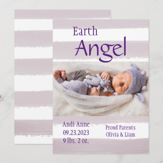 Paarse Stripe Foto Earth Angel Birth Announounding Aankondiging (Voorkant / Achterkant)