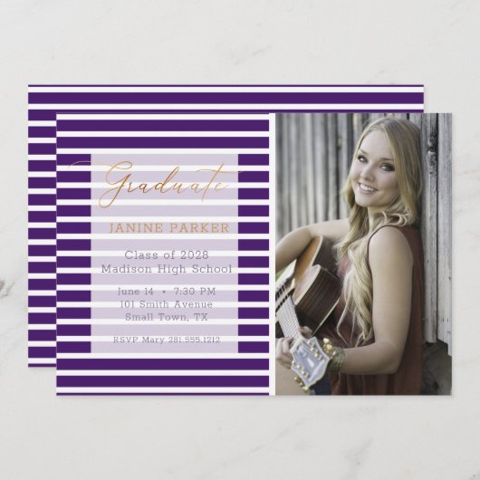Paarse stripe Voeg uw eigen foto-Afstuderen toe Aankondiging (Voorkant / Achterkant)