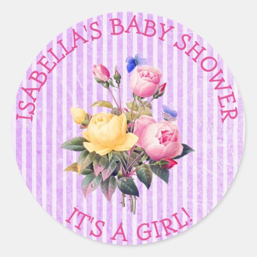 Paarse striped Floral Chic Baby shower Stickers (Voorkant)