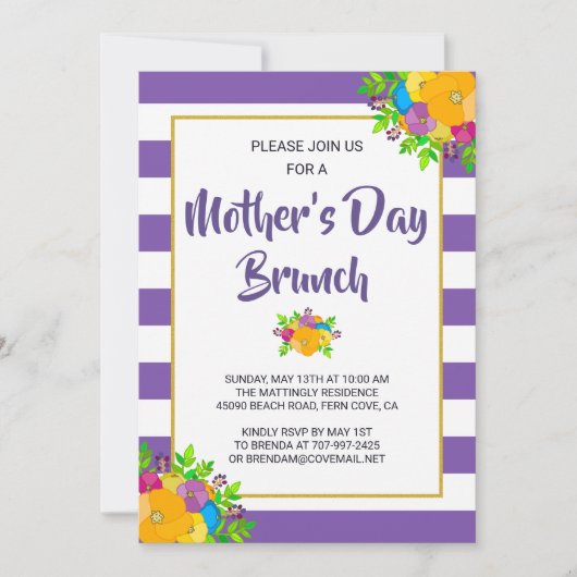 Paarse Striped Floral Moederdag Brunch Invite Kaart (Voorkant)
