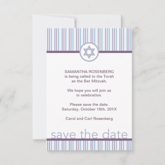 Paarse Stripes Bat Mitzvah sparen de datum Save The Date (Voorkant)