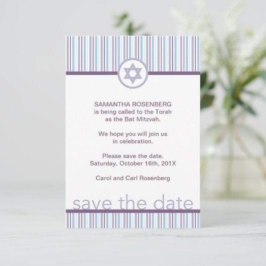 Paarse Stripes Bat Mitzvah sparen de datum Save The Date (Staand voorkant)