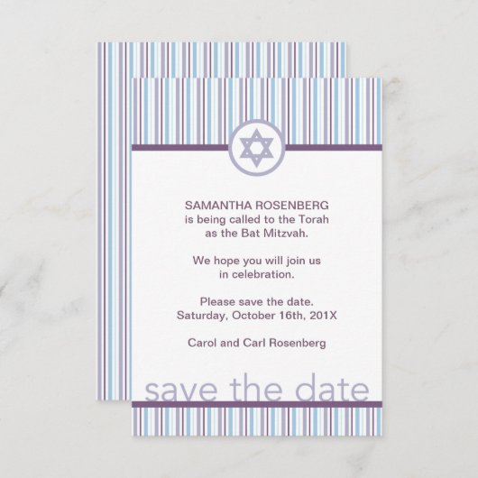Paarse Stripes Bat Mitzvah sparen de datum Save The Date (Voorkant / Achterkant)