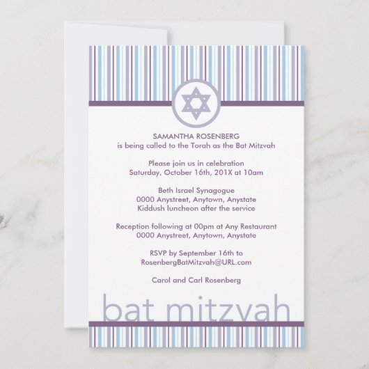 Paarse Stripes Bat Mitzvah Uitnodiging (Voorkant)