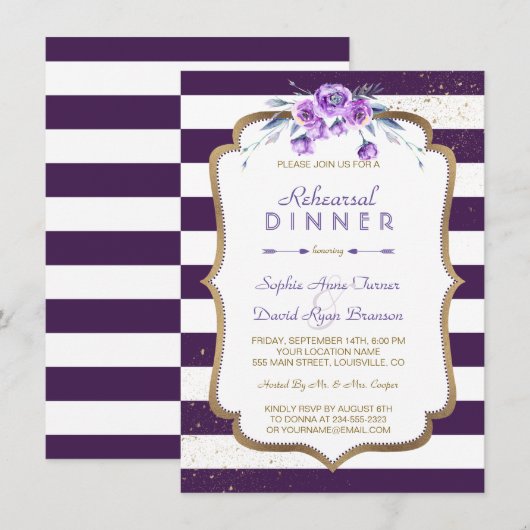 Paarse Stripes Gold Violet Floral repetitie Kaart (Voorkant / Achterkant)