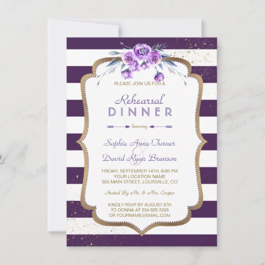 Paarse Stripes Gold Violet Floral repetitie Kaart (Voorkant)